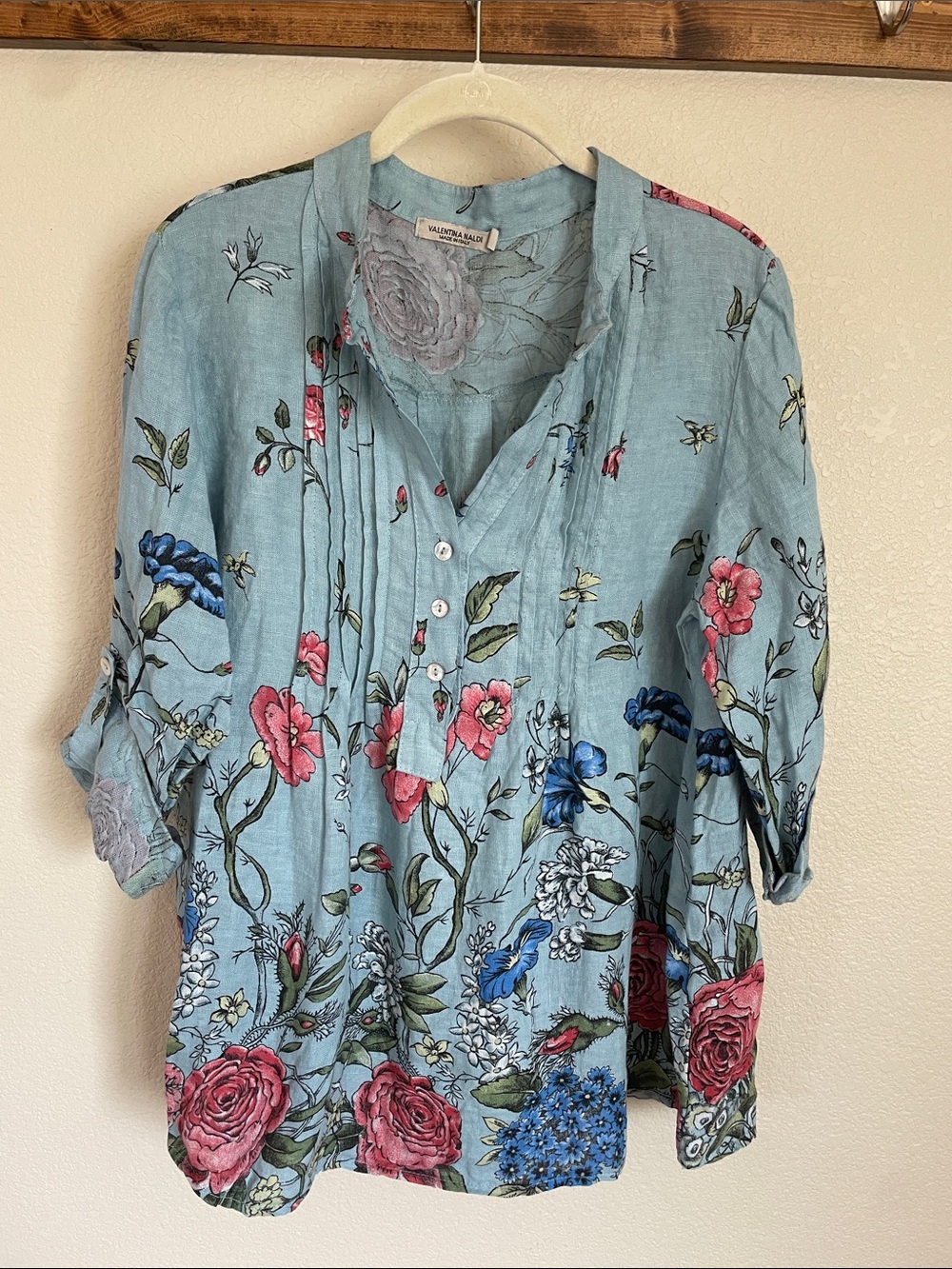 Valentina Naldi Linen Blue Floral Pintuck Button-Front Tunic L Lagenlook Artsy